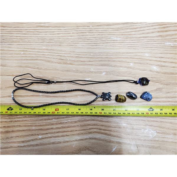 2 Stone Turtle Necklaces, Hematite, Tiger Eye, Sodalite + 3 pocket stones
