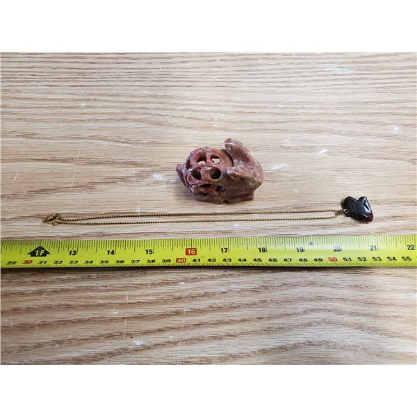 1 Blood Stone Bunny, 18K overlay chain, 1 Carved Bunny with Baby Inside