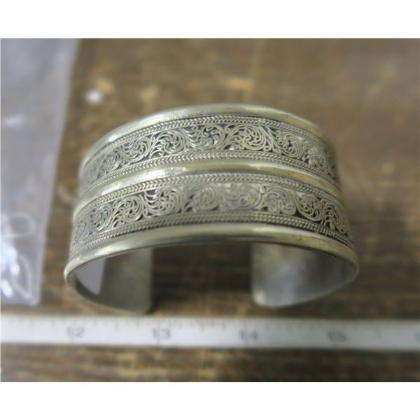 Fancy silver cuff bracelet 1 1/4' wide engraved on inside