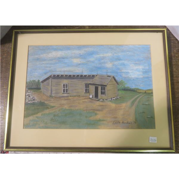 Primative "Homestead" pastel picture signed by Edith Hoshal 1979