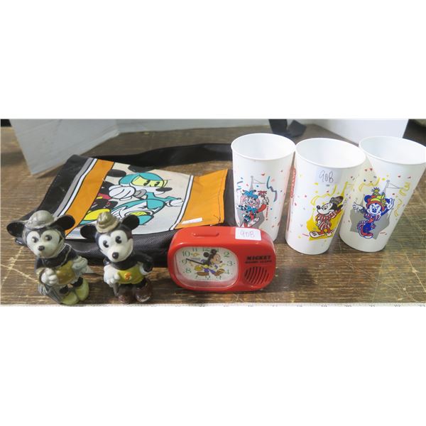 Lot of Mickey Mouse - Coca-cola cups, bag clock, 1930's figurines Mickey & Minnie Mouse