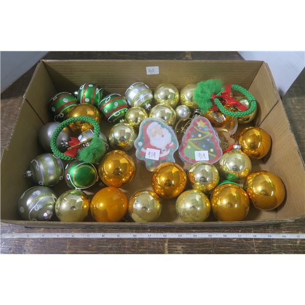 Box of Christmas ornaments & playing cards