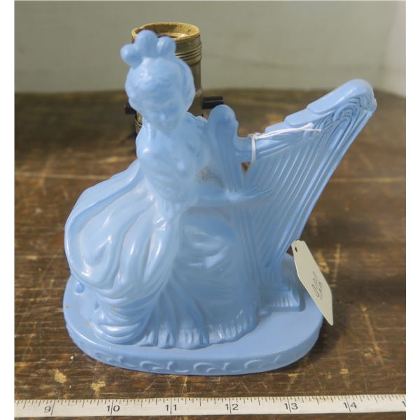 Blue depression bouoir lamp lady with harp Rewired, GWO 1940's