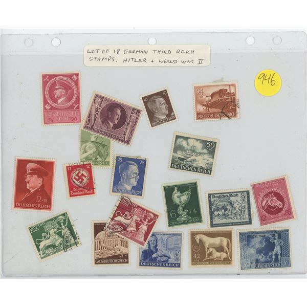 Lot of 18 German Nazi Third Reich Stamps depicting Adolf Hitler and World War II scenes. Used. Hinge