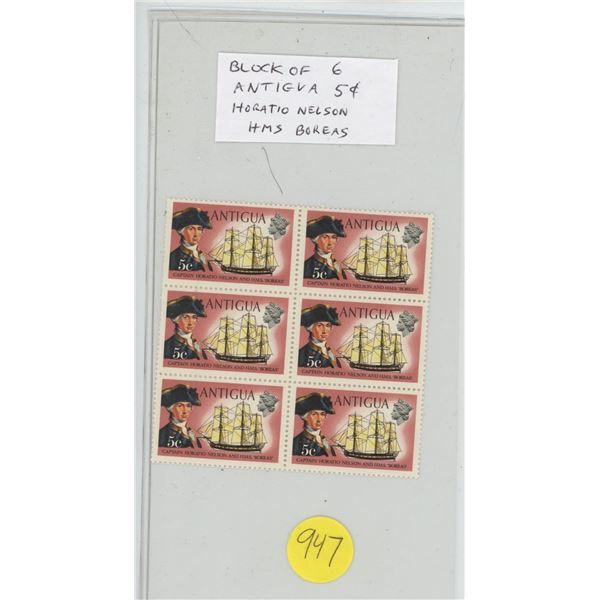 Block of 6 Antigua 5 Cents Stamps depicting Horatio Nelson & his ship Boreas. Mint/NH.