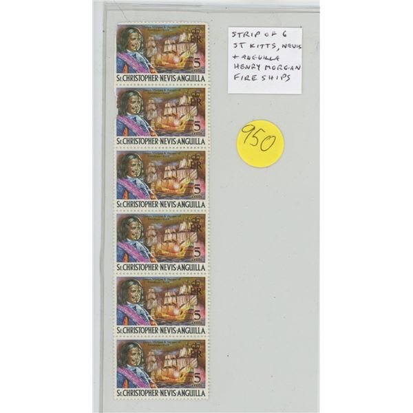 Strip of 6 St. Kitts, Nevis & Anguilla 5 Cents Stamps depicting Pirate Henry Morgan & his Fire Ships