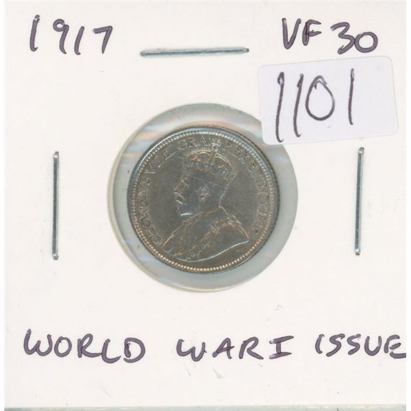 Canadian 1917 Silver 10 Cents. World War I issue. VF-30. Nice.