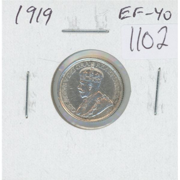 Canadian 1919 Silver 10 Cents. EF-40. Nice.