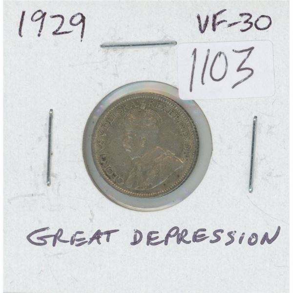 Canadian 1929 Silver 10 Cents. The first year of the Great Depression. VF-30. Nice.