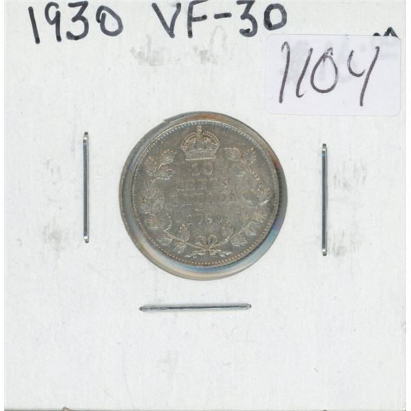 Canadian 1930 Silver 10 Cents. VF-30. Nice.