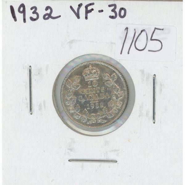 Canadian 1932 Silver 10 Cents. VF-30. Nice.
