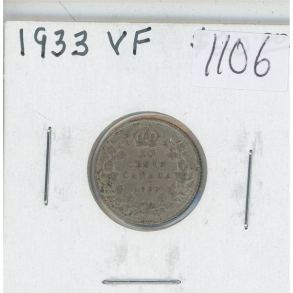 Canadian 1933 Silver 10 Cents. VF-20. Nice.