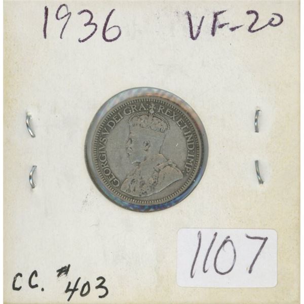 Canadian 1936 Silver 10 Cents. The last Silver 10 Cents issued for King George V. VF-20.