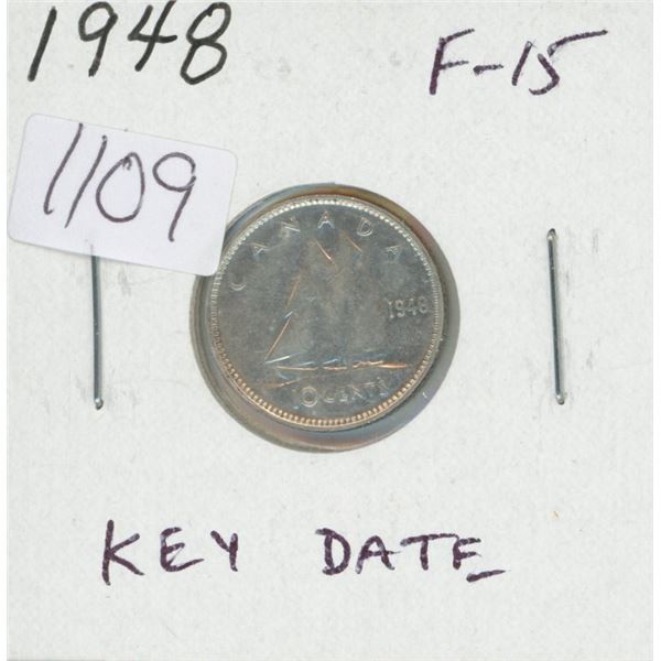 Canadian 1948 Silver 10 Cents. Key Date. F-15.