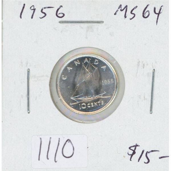 Canadian 1956 Silver 10 Cents. MS-64. Bright White.