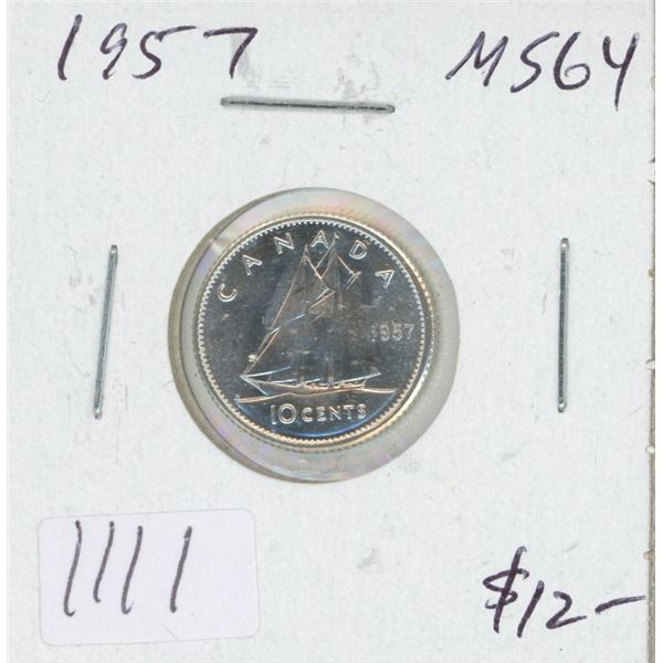 Canadian 1957 Silver 10 Cents. MS-64. Bright White.