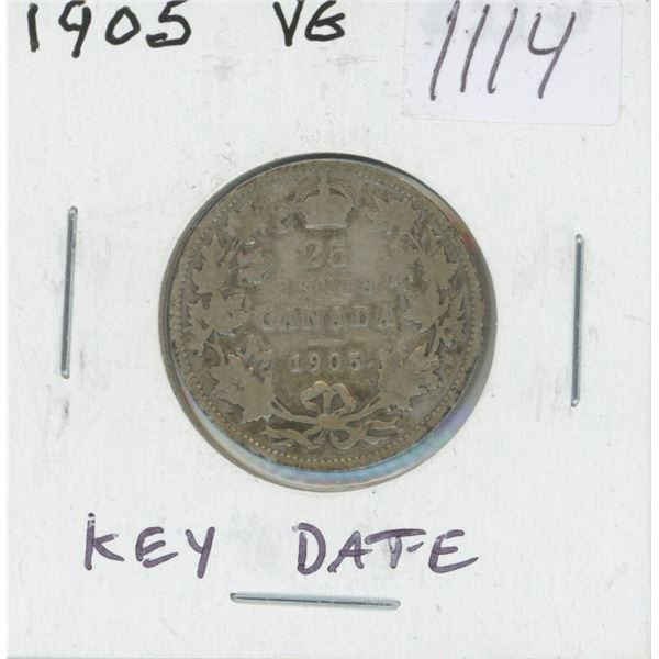 Canadian 1905 Edwardian Silver 25 Cents. Key Date. Mintage of 800,000. VG-8. Scarce.