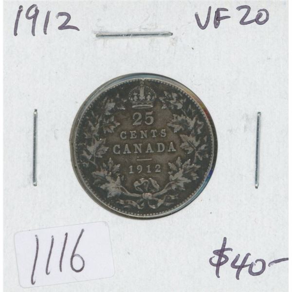 Canadian 1912 George V Silver 25 Cents. VF-20. Nice.