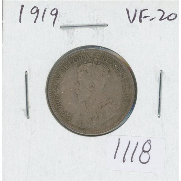 Canadian 1919 George V Silver 25 Cents. VF-20.
