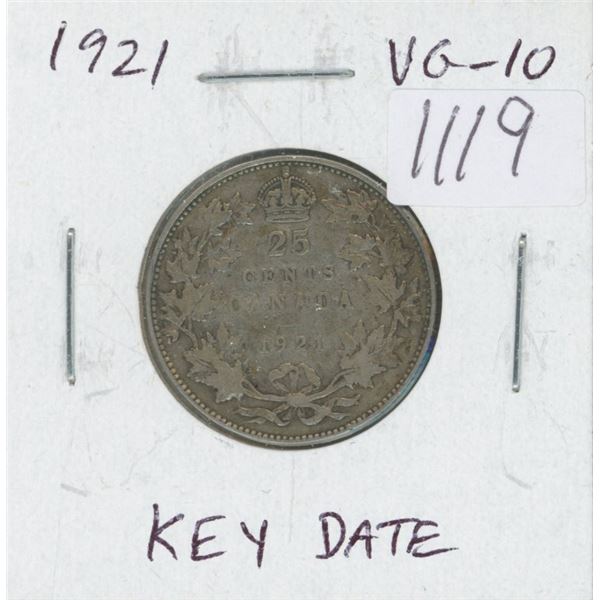 Canadian 1921 George V Silver 25 Cents. Key Date. Mintage of 597,337. VG-10.