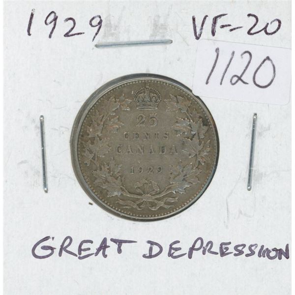 Canadian 1929 George V Silver 25 Cents. The first year of the Great Depression. VF-20. Nice.
