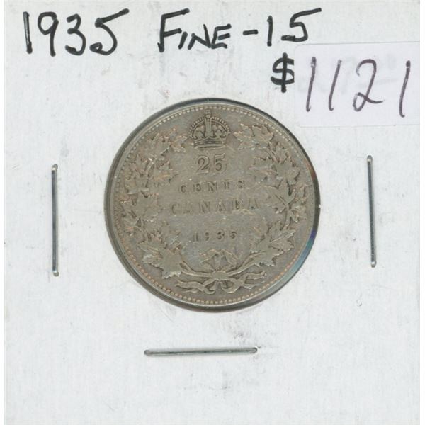 Canadian 1935 George V Silver 25 Cents. F-15. Nice.