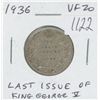 Canadian 1936 George V Silver 25 Cents. The last Silver 25 Cents issued for King George V. VF-20. Ni