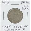 Image 1 : Canadian 1936 George V Silver 25 Cents. The last Silver 25 Cents issued for King George V. VF-20. Ni