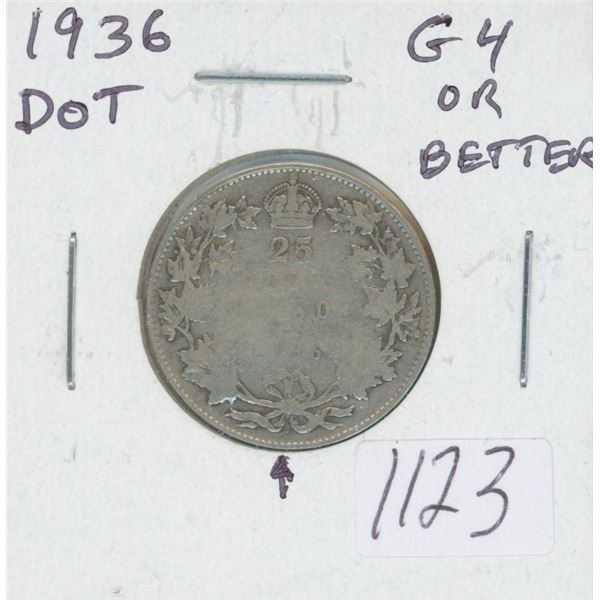 Canadian 1936 Dot George V Silver 25 Cents. Scarce Dot Variety, missing from most collections. G-4 o