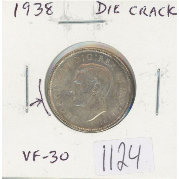 Canadian 1938 George VI Silver 25 Cents with Obverse Die Crack Through ORGIVS. Scarce Variety. VF-30