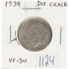 Canadian 1938 George VI Silver 25 Cents with Obverse Die Crack Through ORGIVS. Scarce Variety. VF-30