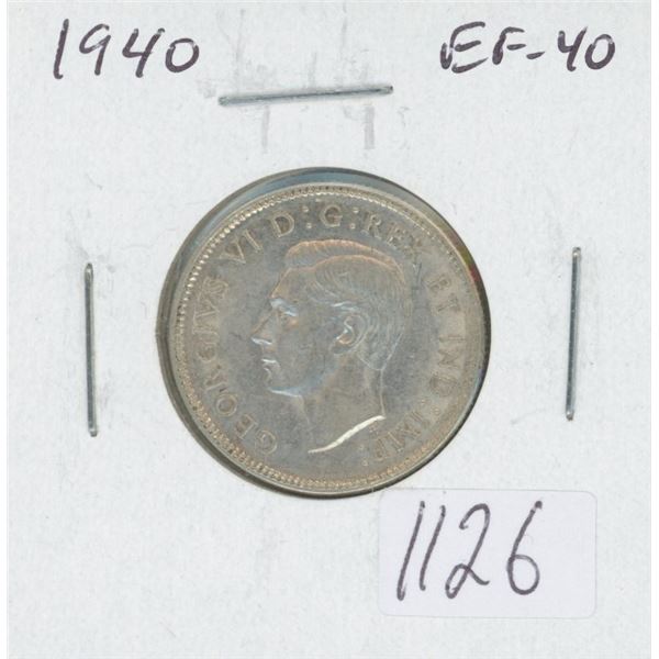 Canadian 1940 George VI Silver 25 Cents. World War II issue. EF-40. Nice.