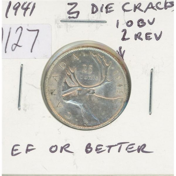 Canadian 1941 George VI Silver 25 Cents with 3 Die Cracks (1 Obverse & 2 Reverse). EF-40 or better. 