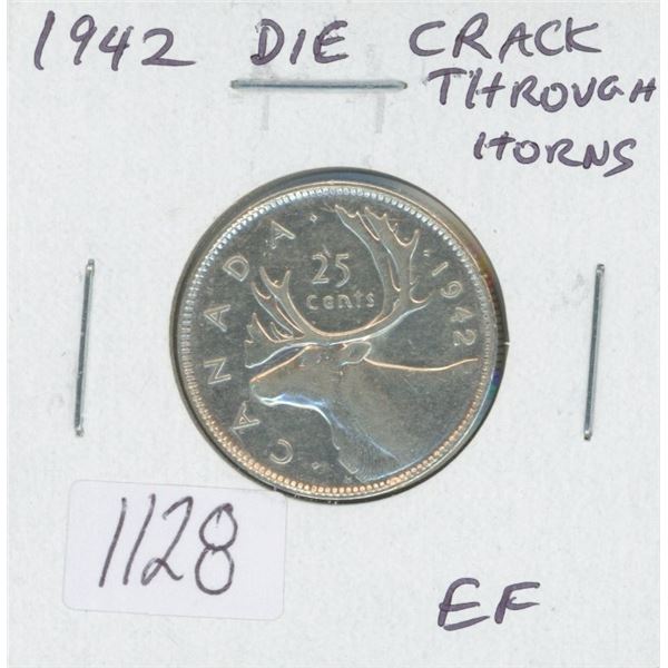 Canadian 1942 George VI Silver 25 Cents with Die Crack Through Caribou Horns. EF-40. Scarce.
