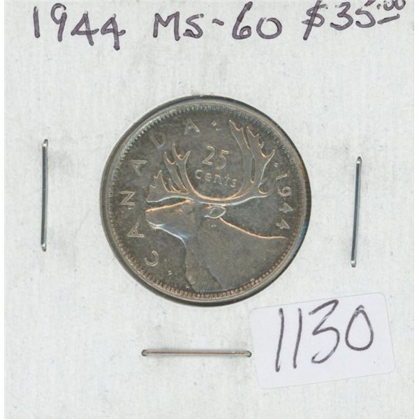 Canadian 1944 George VI Silver 25 Cents. World War II issue. MS-60. Lightly & Attractively Toned. Ni