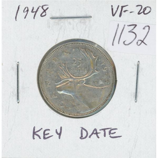 Canadian 1948 George VI Silver 25 Cents. Key Date. VF-20.