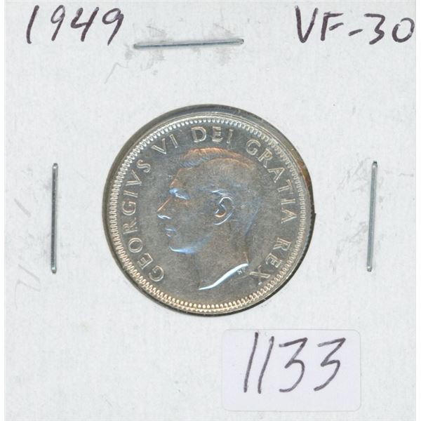 Canadian 1949 George VI Silver 25 Cents. VF-30. Nice.