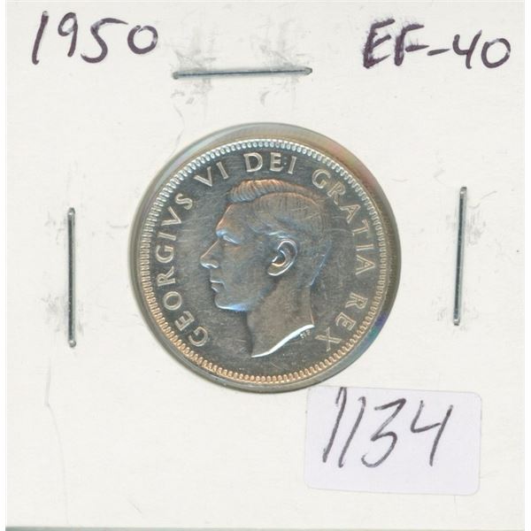 Canadian 1950 George VI Silver 25 Cents. EF-40. Nice.
