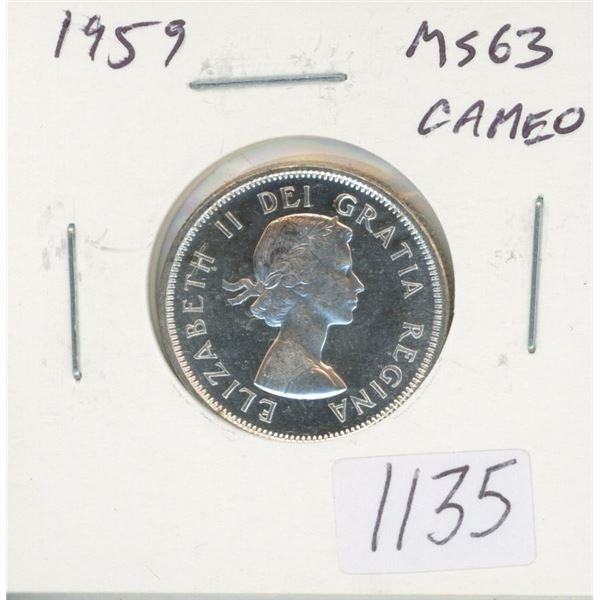 Canadian 1959 Silver 25 Cents. MS-63. Cameo. Nice.