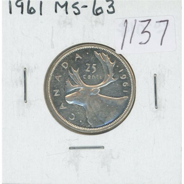 Canadian 1961 Silver 25 Cents. MS-63. Bright White. Nice.