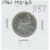 Image 1 : Canadian 1961 Silver 25 Cents. MS-63. Bright White. Nice.