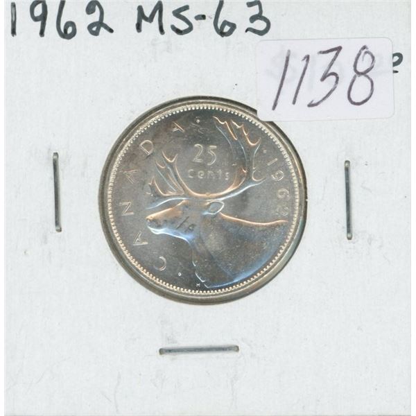 Canadian 1962 Silver 25 Cents. MS-63. Bright White. Nice.
