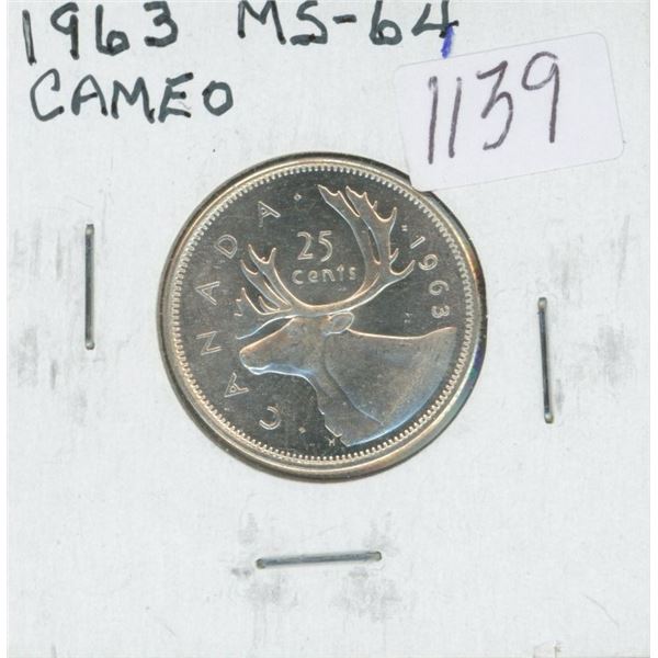 Canadian 1963 Silver 25 Cents. MS-64 Cameo. Bright White. Nice.