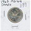 Image 1 : Canadian 1963 Silver 25 Cents. MS-64 Cameo. Bright White. Nice.