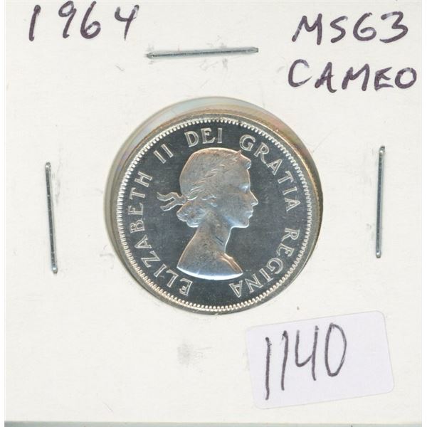 Canadian 1964 Silver 25 Cents. MS-63 Cameo. Bright White. Nice.