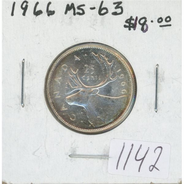Canadian 1966 Silver 25 Cents. MS-63. Lightly Toned. Nice.