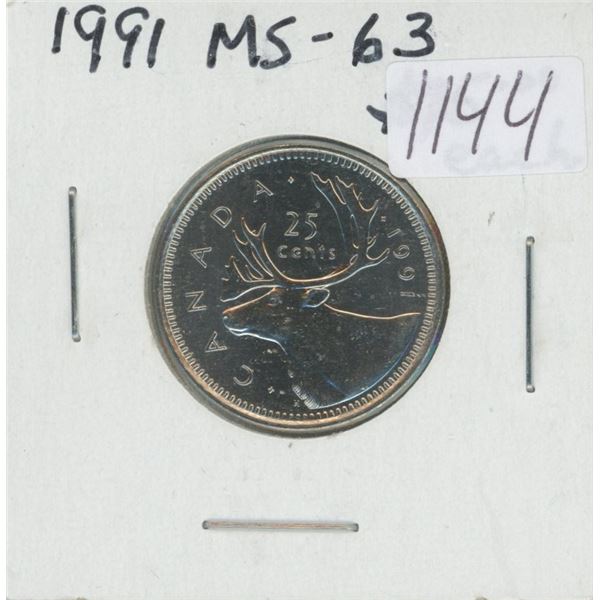Canadian 1991 25 Cents. Mintage of 459,000. Key Date.  Scarce. MS-63.