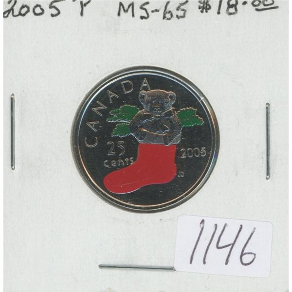 2005P Teddy Bear in Red Stocking Colourized 25 Cents. MS-65. Nice.