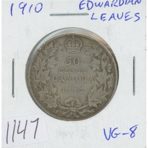 Canadian 1910 Edwardian Leaves Silver 50 Cents. The last Silver 50 Cents issued for King Edward VII.
