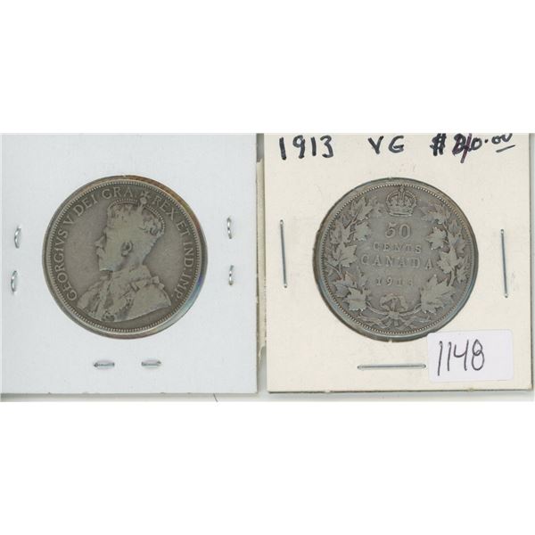 Canadian 1912 George V Silver 50 Cents. Key Date. Mintage of 285,867. VG-8.Canadian 1913 George V Si